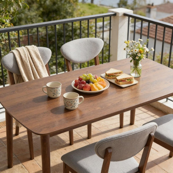 English Elm Old Japandi 5 Piece Dining Set Walnut Veneer Table with Linen Upholstered Chairs Light Gray / Walnut T3971S00317