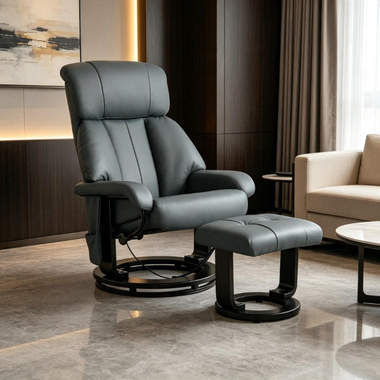 English Elm Luxury PU Leather Swivel Recliner with 10-Point Massage Ottoman for Home Theater T3971S00319