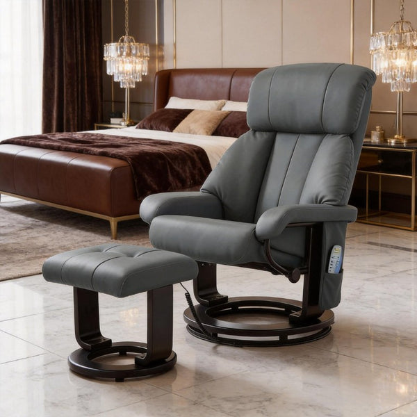 English Elm Luxury PU Leather Swivel Recliner with 10-Point Massage Ottoman for Home Theater T3971S00319