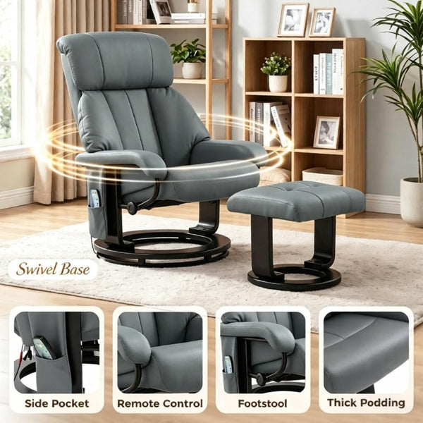 English Elm Luxury PU Leather Swivel Recliner with 10-Point Massage Ottoman for Home Theater T3971S00319