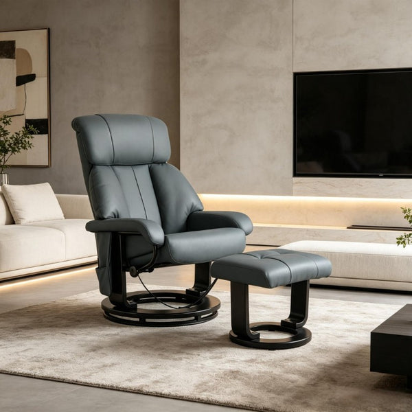 English Elm Luxury PU Leather Swivel Recliner with 10-Point Massage Ottoman for Home Theater T3971S00319