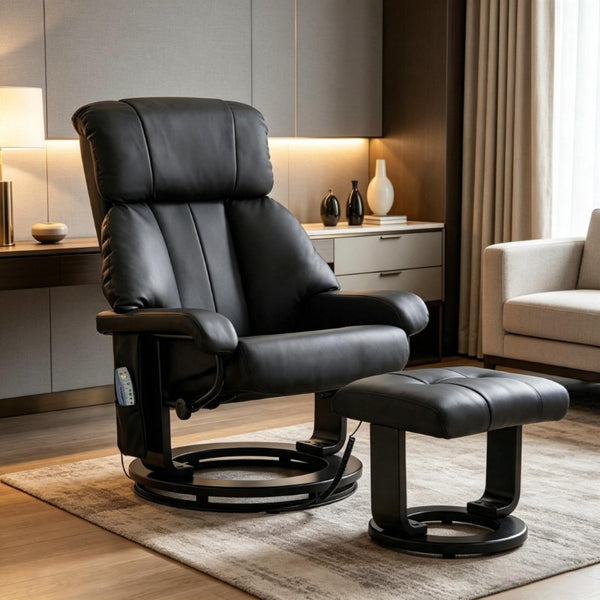 English Elm Swivel Recliner with Massage Ottoman PU Leather 360 Degree Rotation Lounge Chair T3971S00320