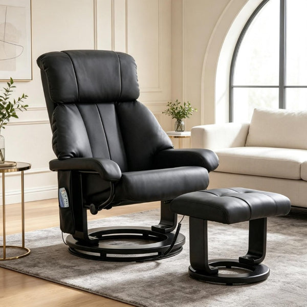 English Elm Swivel Recliner with Massage Ottoman PU Leather 360 Degree Rotation Lounge Chair T3971S00320