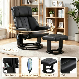 English Elm Swivel Recliner with Massage Ottoman PU Leather 360 Degree Rotation Lounge Chair T3971S00320