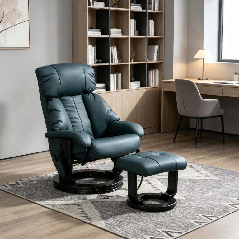 English Elm Massage Recliner with Ottoman PU Leather Swivel Lounge Chair 10 Point Vibration T3971S00321