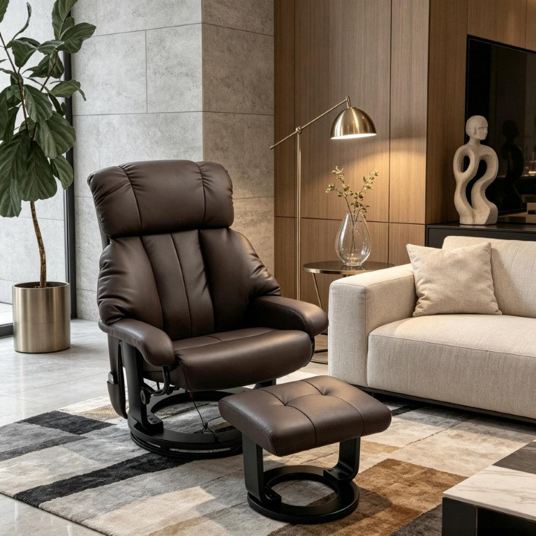English Elm Swivel Recliner with Massage Ottoman PU Leather Lounge Chair for Home Theater T3971S00324