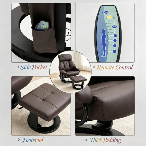 English Elm Swivel Recliner with Massage Ottoman PU Leather Lounge Chair for Home Theater T3971S00324