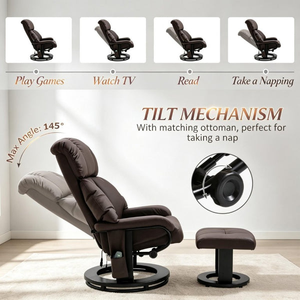 English Elm Swivel Recliner with Massage Ottoman PU Leather Lounge Chair for Home Theater T3971S00324