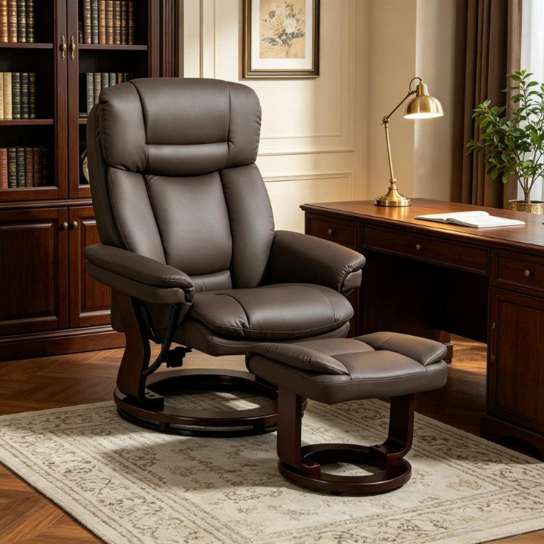 English Elm Luxury PU Leather Swivel Recliner with Ottoman Pocket Spring Lounge Chair Set T3971S00327