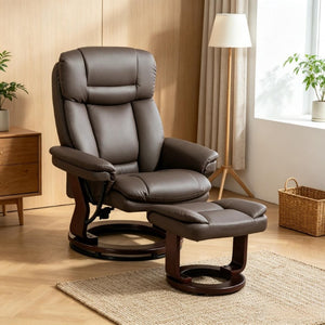 English Elm Luxury PU Leather Swivel Recliner with Ottoman Pocket Spring Lounge Chair Set T3971S00327