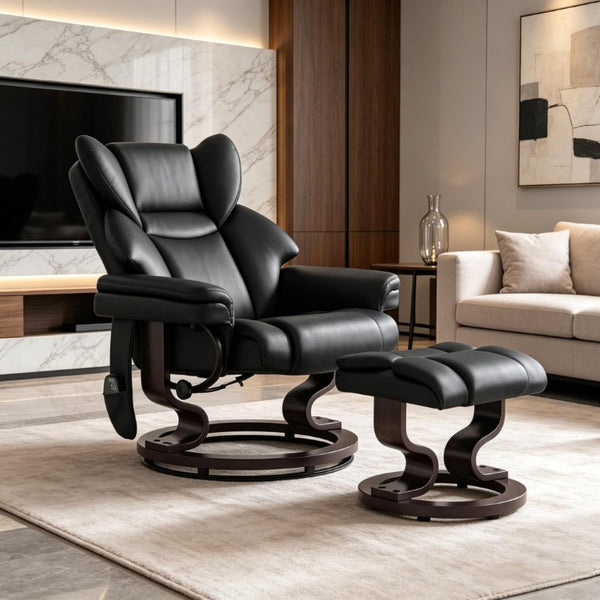 English Elm Luxury Swivel Massage Recliner Set with Ottoman PU Leather 360 Degree Living Room Chair T3971S00328