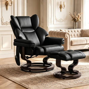 English Elm Luxury Swivel Massage Recliner Set with Ottoman PU Leather 360 Degree Living Room Chair T3971S00328
