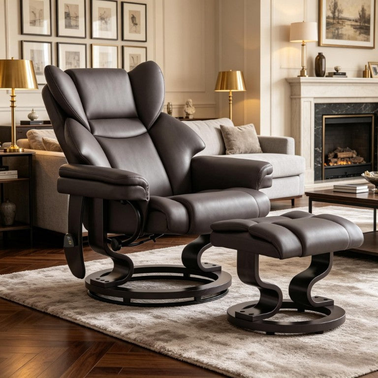 English Elm 10‑Point Massage Recliner with Swivel Base PU Leather Seat and Extendable Footrest T3971S00329