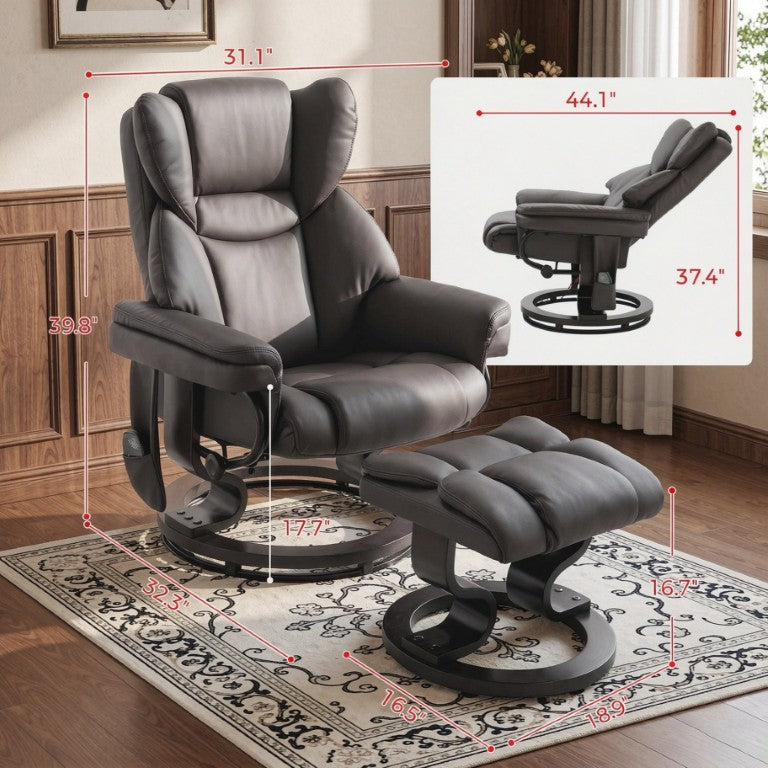 English Elm 10‑Point Massage Recliner with Swivel Base PU Leather Seat and Extendable Footrest T3971S00329