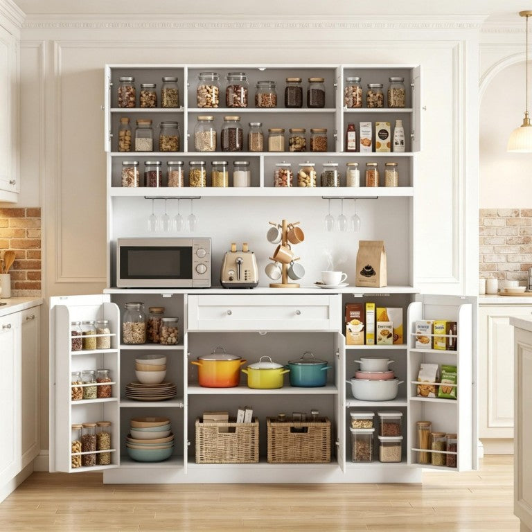 English Elm Elegant White Hutch Buffet with Wine Rack Built-In Power Strip and Pantry Storage T3971S00333