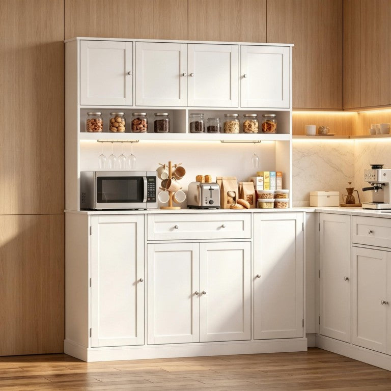 English Elm Elegant White Hutch Buffet with Wine Rack Built-In Power Strip and Pantry Storage T3971S00333