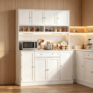 English Elm Elegant White Hutch Buffet with Wine Rack Built-In Power Strip and Pantry Storage T3971S00333