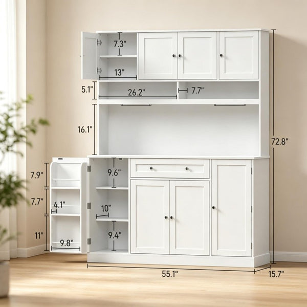 English Elm Elegant White Hutch Buffet with Wine Rack Built-In Power Strip and Pantry Storage T3971S00333