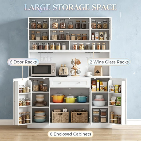 English Elm Elegant White Hutch Buffet with Wine Rack Built-In Power Strip and Pantry Storage T3971S00333