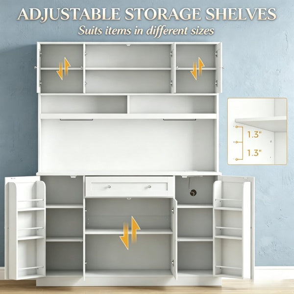 English Elm Elegant White Hutch Buffet with Wine Rack Built-In Power Strip and Pantry Storage T3971S00333