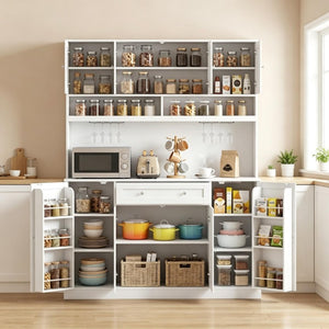 English Elm Elegant White Hutch Buffet with Wine Rack Built-In Power Strip and Pantry Storage T3971S00333