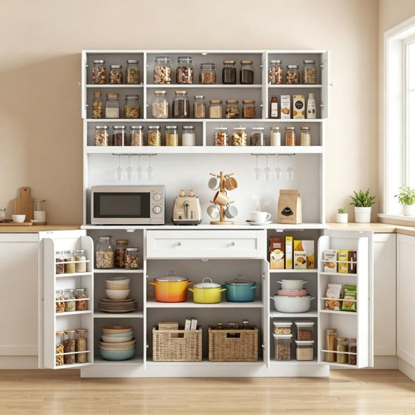 English Elm Elegant White Hutch Buffet with Wine Rack Built-In Power Strip and Pantry Storage T3971S00333
