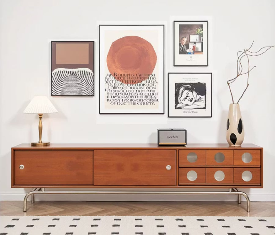 English Elm Walnut Finish Media Console with Sliding Doors Spacious Storage for Modern Living Rooms T5686P596274