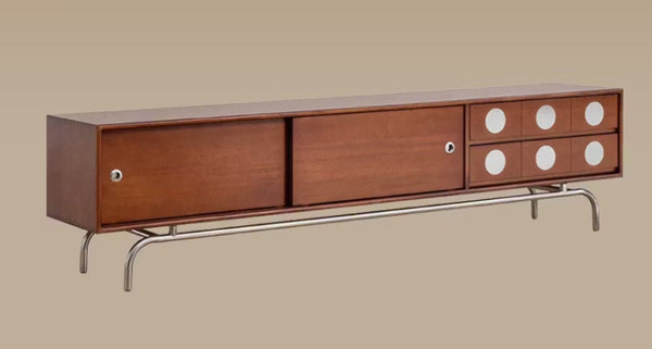 English Elm Walnut Finish Media Console with Sliding Doors Spacious Storage for Modern Living Rooms T5686P596274
