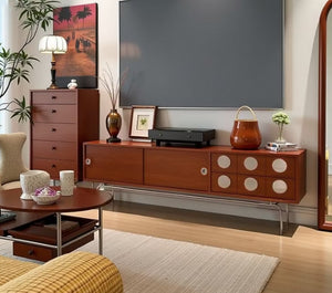English Elm Walnut Finish Media Console with Sliding Doors Spacious Storage for Modern Living Rooms T5686P596274
