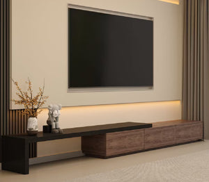 English Elm Extendable TV Console with Three Storage Drawers Matte Black Modern Living Room T5686P596283