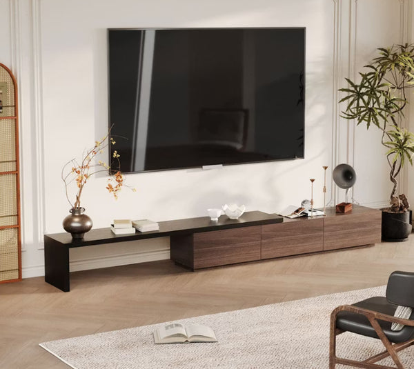 English Elm Extendable TV Console with Three Storage Drawers Matte Black Modern Living Room T5686P596283