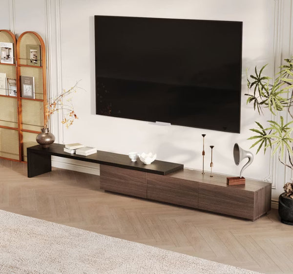 English Elm Extendable TV Console with Three Storage Drawers Matte Black Modern Living Room T5686P596283