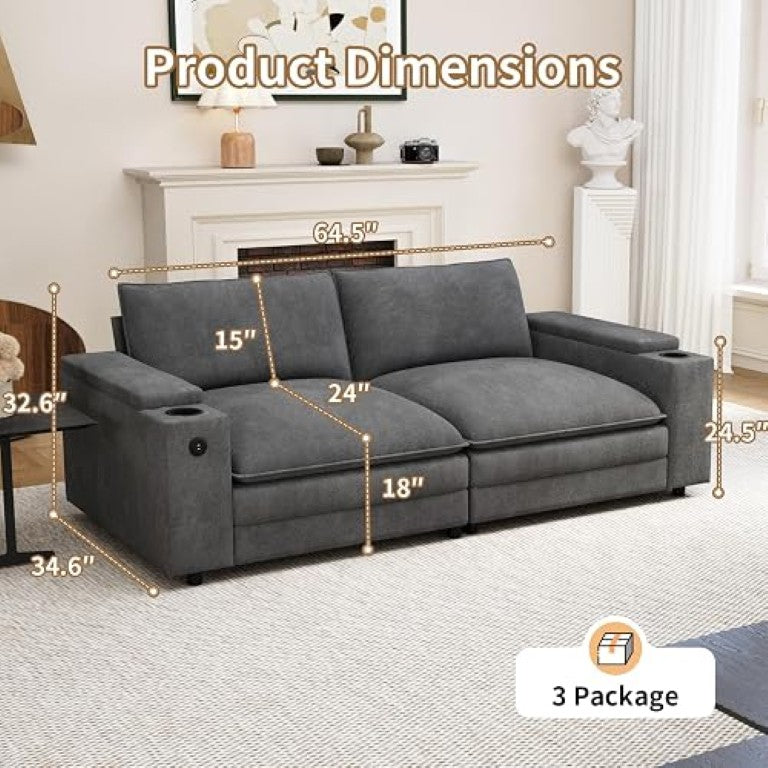 English Elm 81.5 Inch Chenille Cloud Loveseat Modular Sofa with USB Charging and Armrest Storage T5686S00001