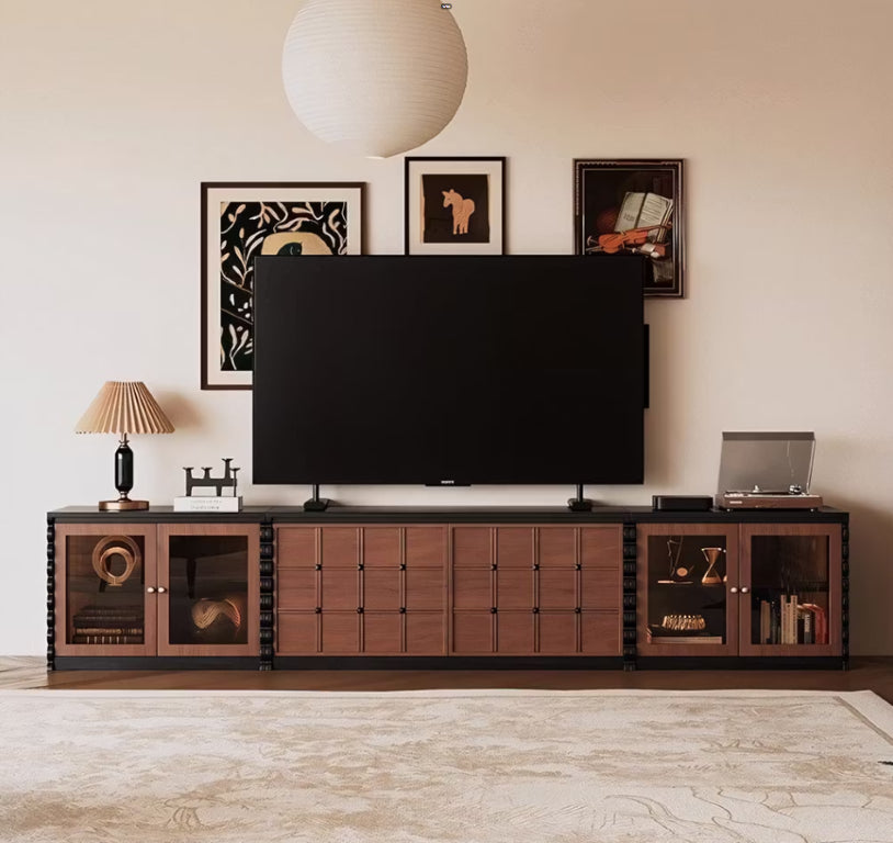 English Elm Modular Wood Media Console with Glass Front Cabinets for Contemporary Living Spaces T5686S00004