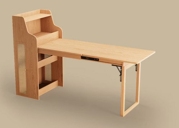 English Elm 69 Inch Rattan Murphy Cabinet Dining Table with USB Charging for Studio Spaces Natural T5686S00013