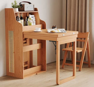 English Elm 69 Inch Rattan Murphy Cabinet Dining Table with USB Charging for Studio Spaces Natural T5686S00013