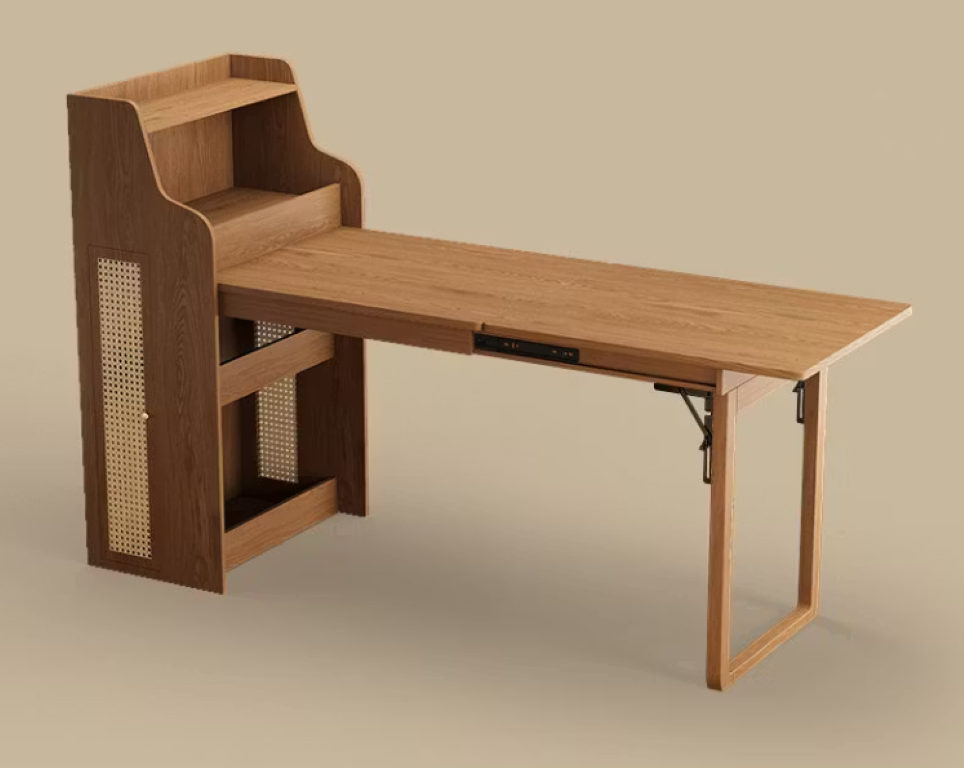 English Elm 69 Inch Rattan Murphy Cabinet Dining Table with USB Charging for Studio Spaces Walnut T5686S00014