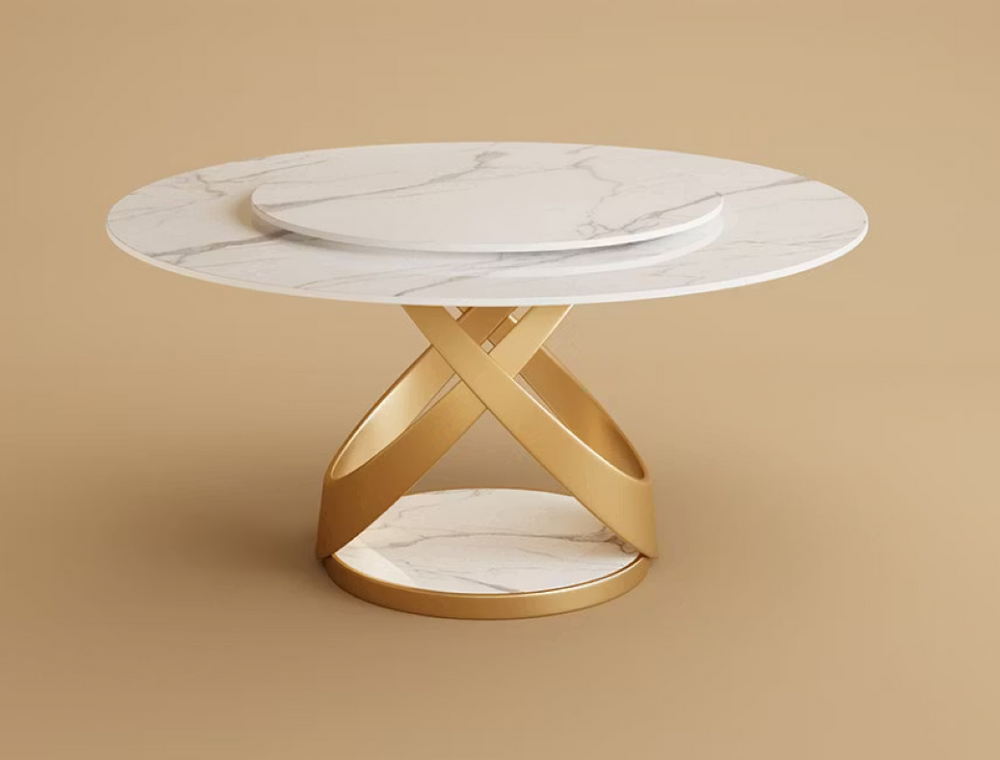 English Elm Round Marble Effect Dining Table with Lazy Susan and X Base Seats up to Six T5686S00019