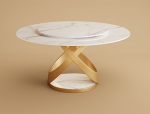 English Elm Round Marble Effect Dining Table with Lazy Susan and X Base Seats up to Six T5686S00019