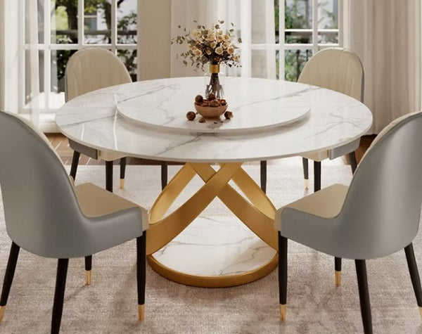 English Elm Round Marble Effect Dining Table with Lazy Susan and X Base Seats up to Six T5686S00019