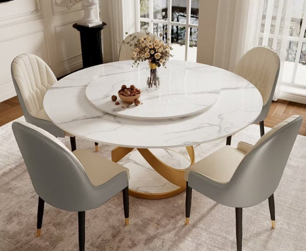 English Elm Round Marble Effect Dining Table with Lazy Susan and X Base Seats up to Six T5686S00019