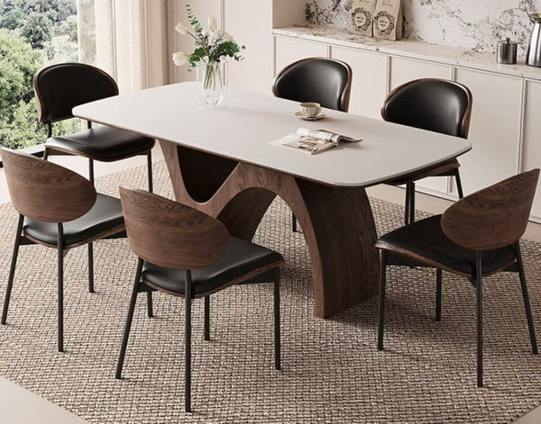 English Elm 70.8 Inch Ceramic Stone Dining Table with Sculptural Wood Base for Modern Interiors T5686S00021