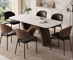 English Elm 70.8 Inch Ceramic Stone Dining Table with Sculptural Wood Base for Modern Interiors T5686S00021