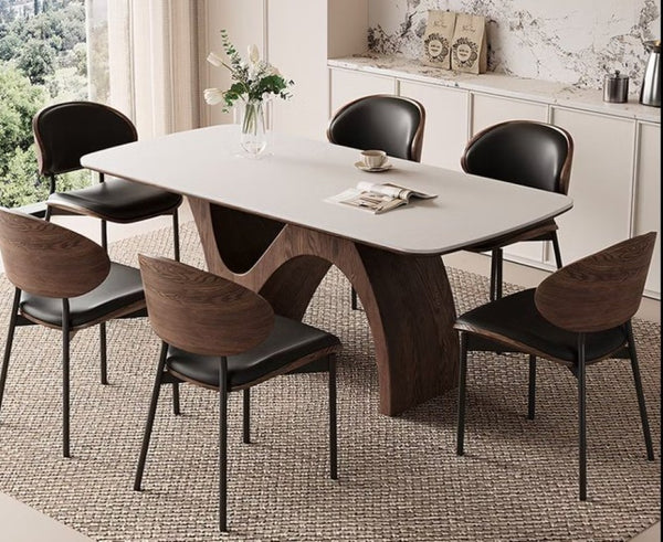 English Elm 70.8 Inch Ceramic Stone Dining Table with Sculptural Wood Base for Modern Interiors T5686S00021