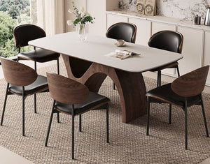English Elm 62.9 Inch Rectangular Dining Table Ceramic Stone Surface Sculptural Solid Wood Base Seats Six T5686S00022