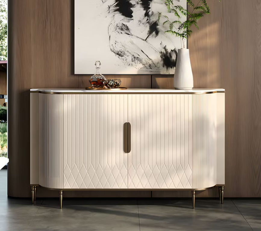 English Elm 54.6 Inch Cream White Sideboard with Ribbed Front Gold Legs and Adjustable Interior Shelves T5686S00025
