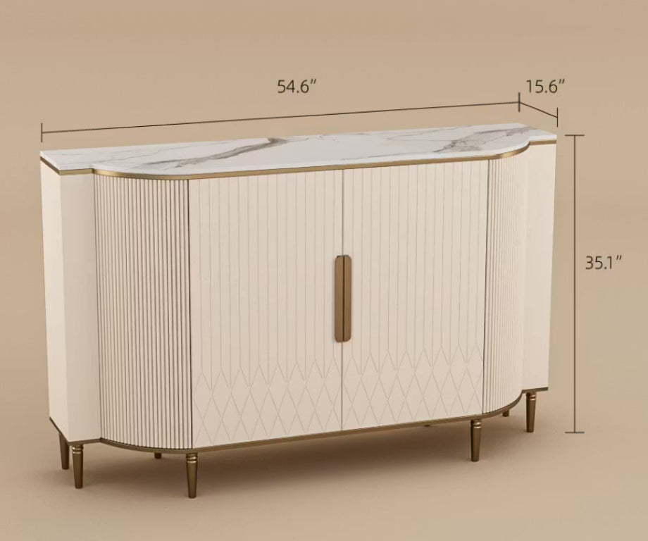 English Elm 54.6 Inch Cream White Sideboard with Ribbed Front Gold Legs and Adjustable Interior Shelves T5686S00025