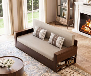 English Elm Modern Cotton Linen Sleeper Sofa with Hidden Lift Storage for Small Space Living Off White T5686S00026