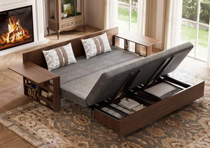 English Elm Modern Cotton Linen Sleeper Sofa with Hidden Lift Storage for Small Space Living Grey T5686S00027