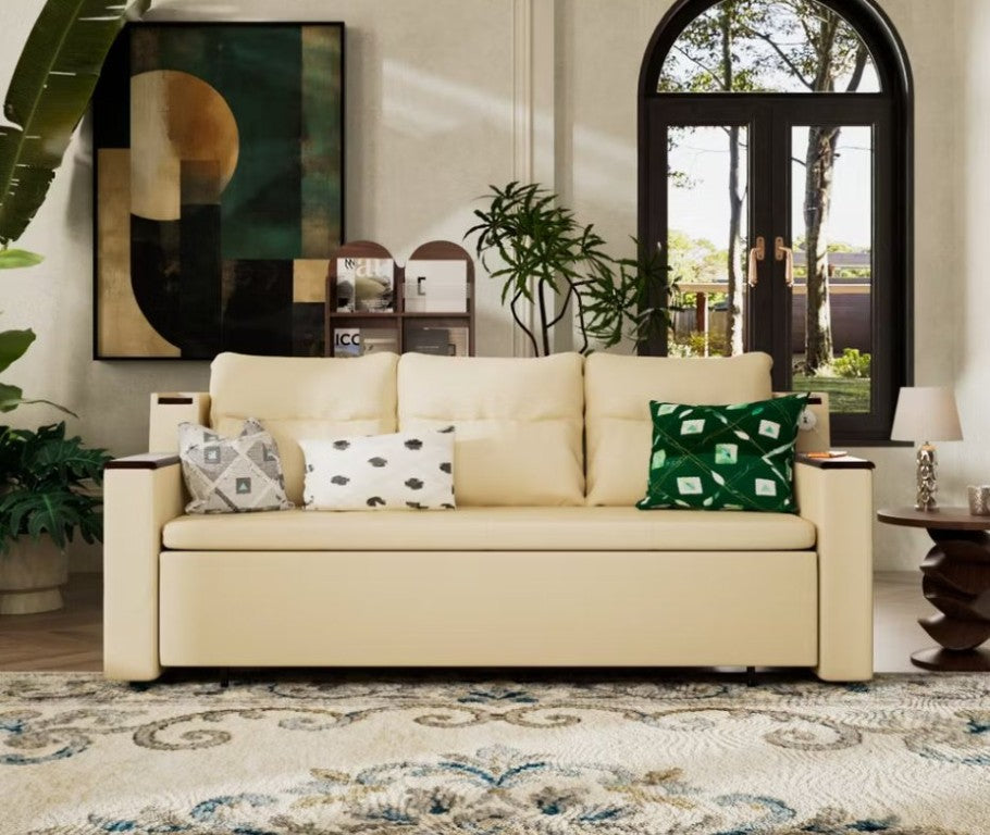 English Elm 83 Inch Faux Leather Sleeper Sofa with USB Ports and Storage for Studio Living Beige T5686S00033